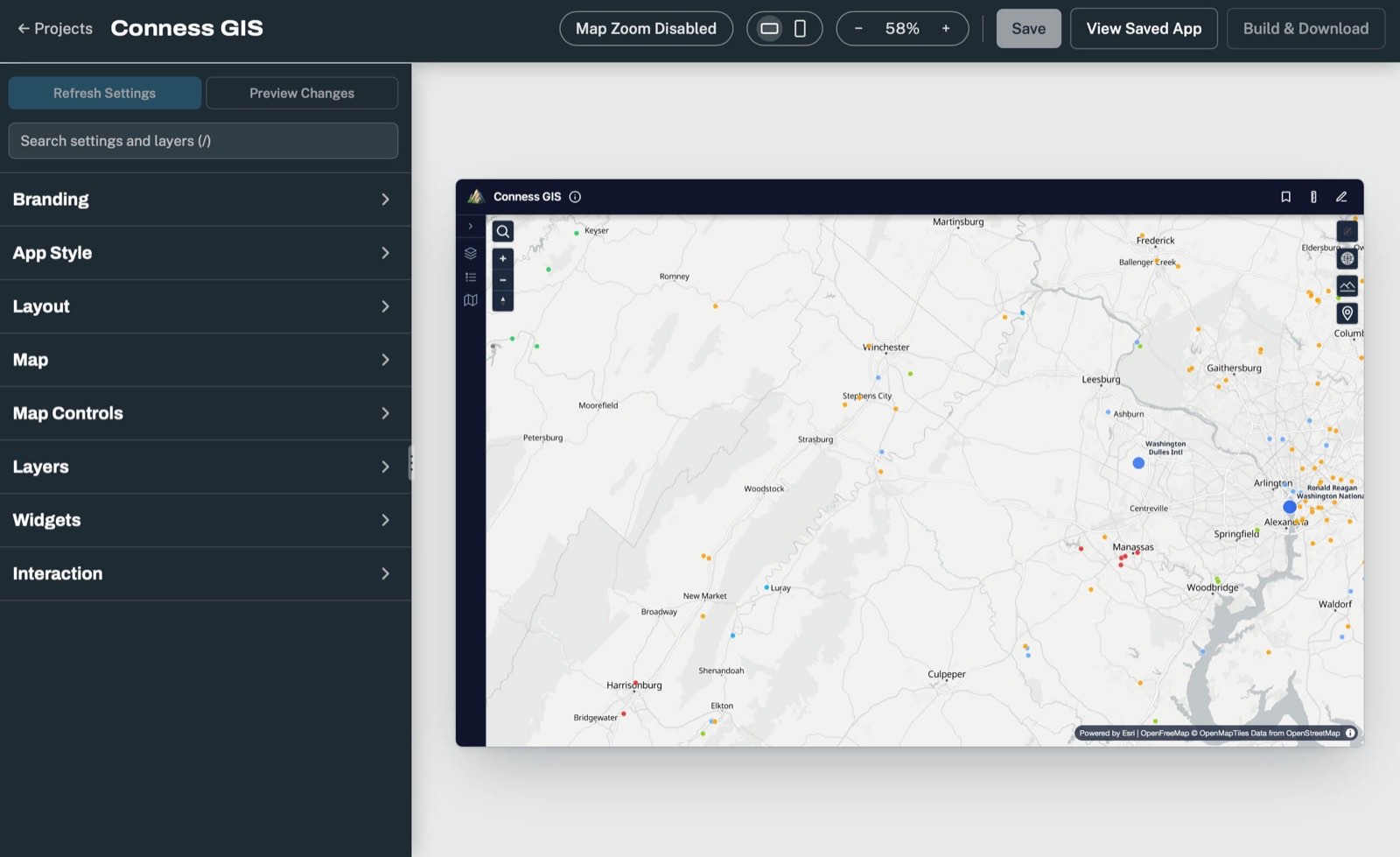 The Conness editor: settings groups on the left, a live preview of the map app on the right